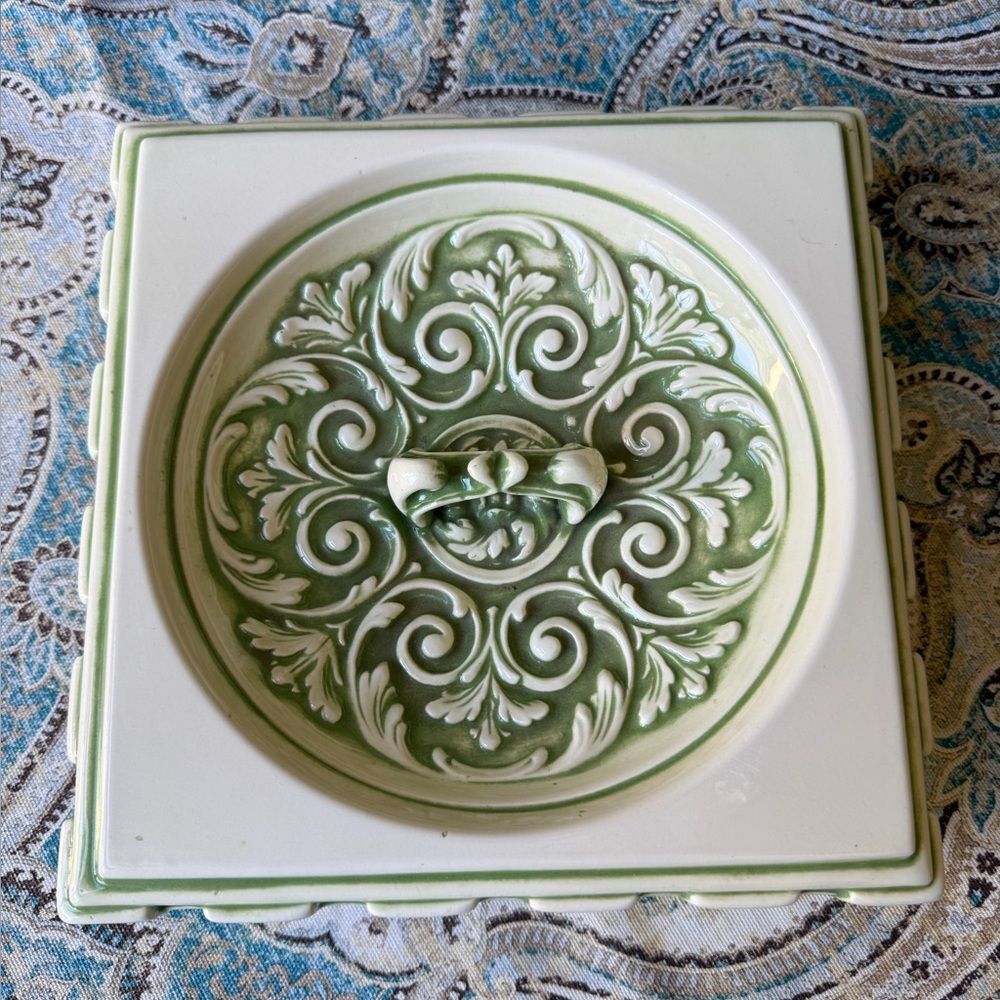 Ceramic Decorative Bowl Dish Mid Century Signed Dated 1974 Green Cream Candy